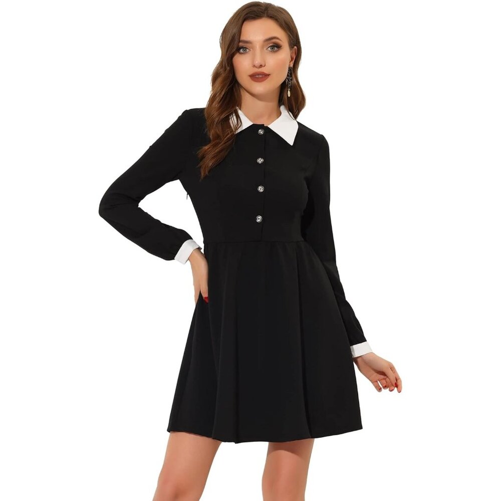 Women's Black Cute Peter Pan Collar Fit and Flare Short Skater Casual Dress